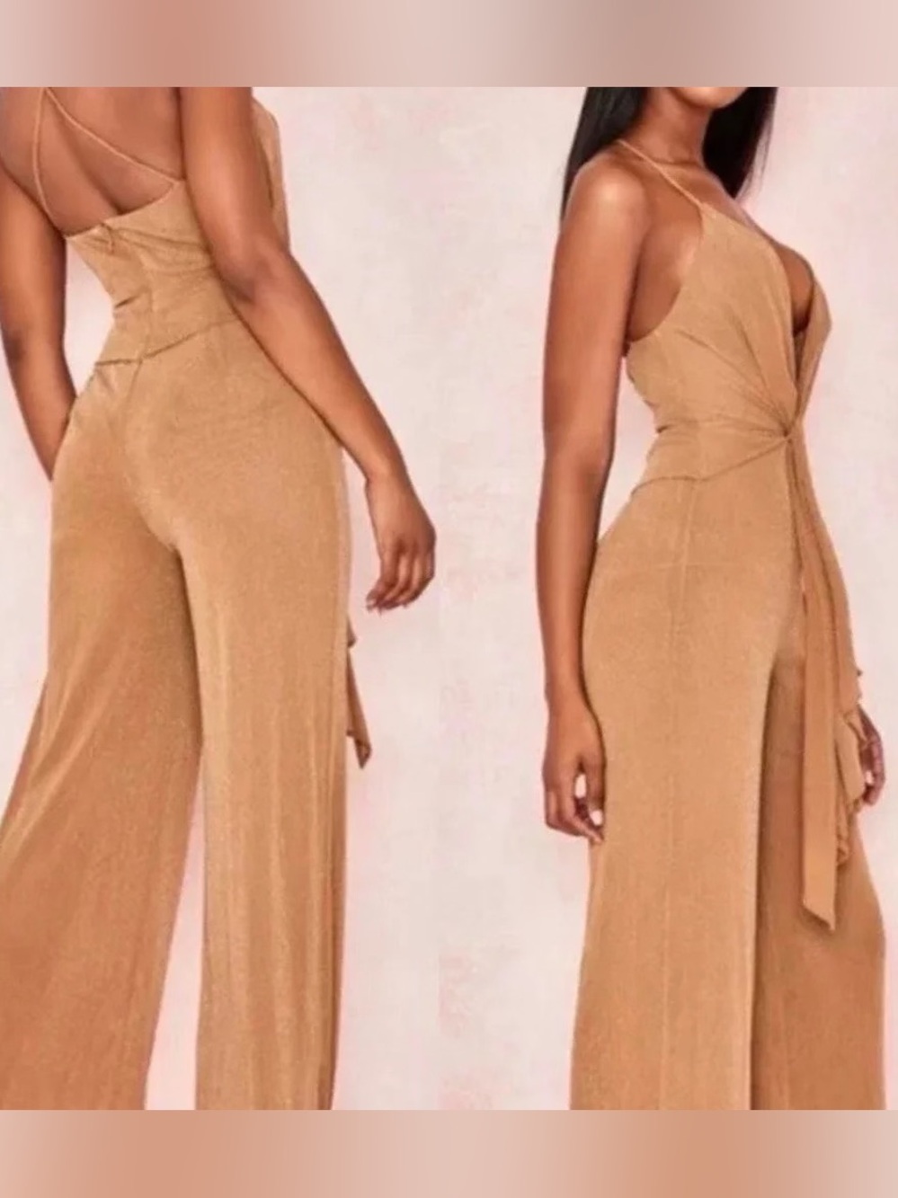 House of CB Gold Metallic Wide Leg Knot Jumpsuit Size Small